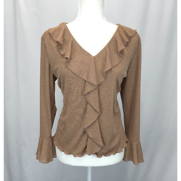 Y2K Vintage Brown Ruffle Bell Sleeve V-Neck Top Size L Fairycore Romantic Grunge - Picture 1 of 5